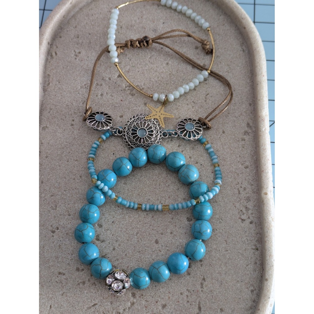 Coastal Beaded Bracelet Set 4 Turquoise Blue Stretch Layering Starfish Boho